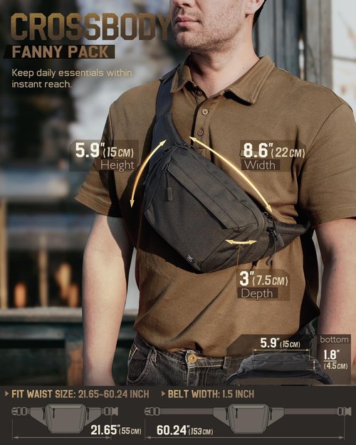 RXW Tactical Concealed Carry Fanny Pack, CCW Fanny Pack, Waist Bag for Men, Hip Bag Compact Belt Bag for Hiking, EDC Waist Pack(Adjustable Up to 60" Waist)