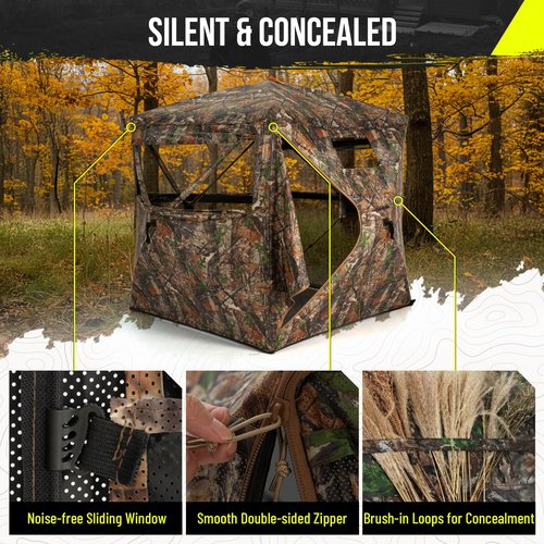 HUNTSEN Hunting Blind 360 Degree See Through Ground Blind with Full Open Door - 2-3 Person Pop Up Hunting Tent with Carrying Bag for Deer & Turkey