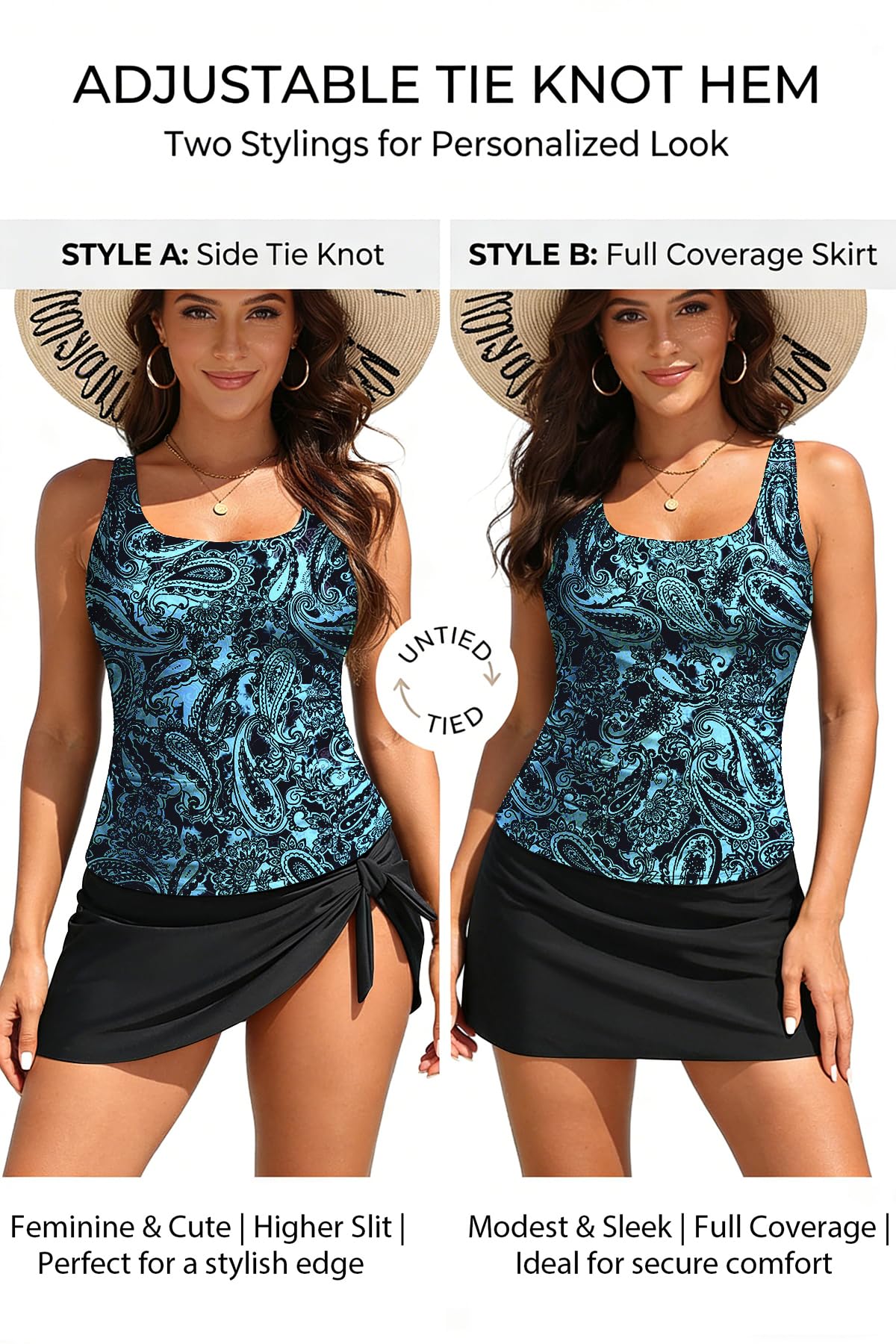 Aqua Eve Women Tankini with Skirt - Tummy Control Swimsuit Two Piece Bathing Suit Ruffle Swimwear Ladies Swim Suit Blue Paisley Tie Knot L