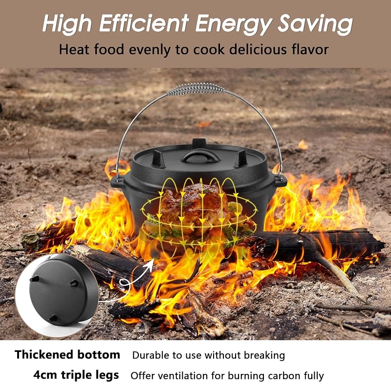 HaSteeL 7 QT Cast Iron Dutch Oven with Lid Lifter & Camping Rack - 3-Piece Variation