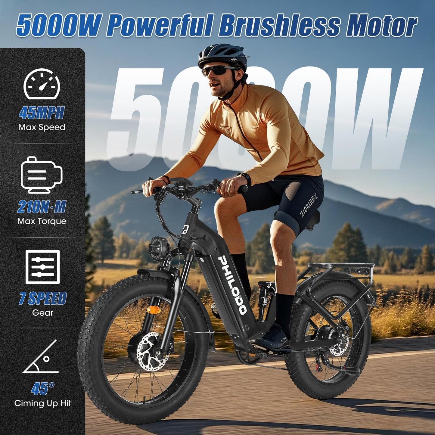 PHILODO Falcon 60V 32AH Off-Road Electric Bike 45MPH - 5000W Peak Dual Motor Hunting Ebike, Fat Tire Full Suspension Dirt Bike for Adults, Long Range Snow/Sand Electric Bicycle