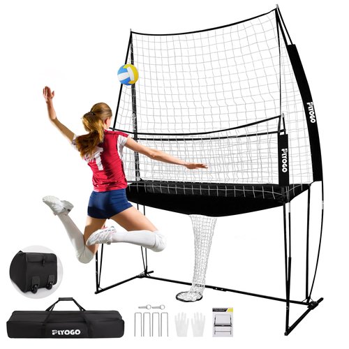 PLYOGO Volleyball Training Equipment, Adjustable Volleyball Practice Net Station | Great for Hitting and Serving Drills, Folding One-Piece Base | Easy Assembly & Portable Carry Bag with Wheel