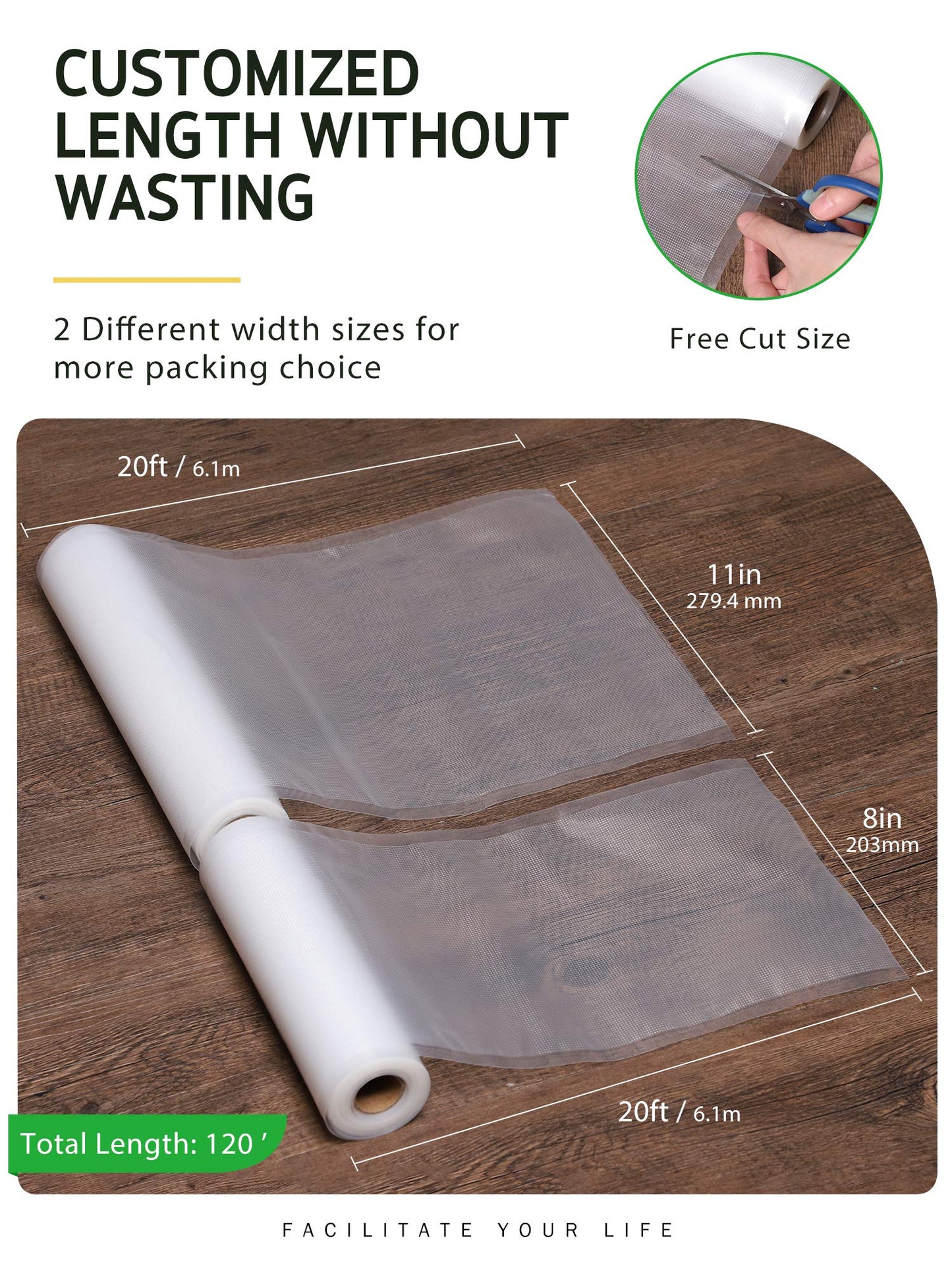 Syntus Vacuum Sealer Bags, 6 Pack 3 Rolls 11" x 20' and 3 Rolls 8" x 20' Commercial Grade BPA Free Bag Rolls, Food Vac Bags for Storage, Meal Prep or Sous Vide