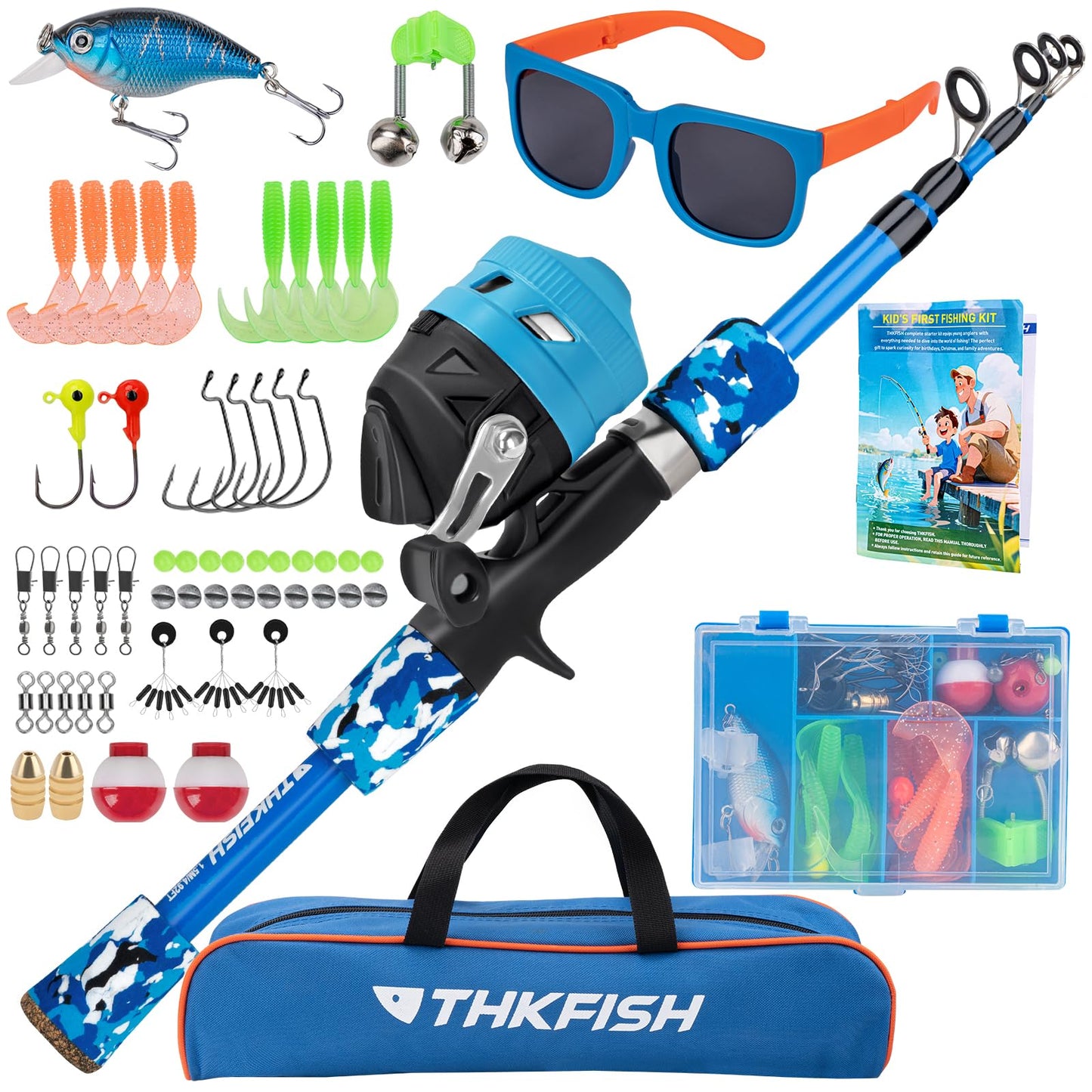 Kids Fishing Pole Set, Telescopic Fishing Rod Reel Combo Kids Starter Kit with Lures Tackle Box, Sunglassed and Portable Bag for Boys Girls Younth