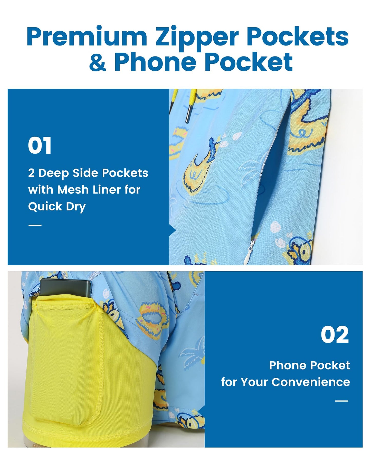 maamgic Mens Swim Trunks with Compression Liner 5 Inch, Quick Dry Bathing Suit with Zipper Pockets, Stretch No-Chafing Swim Shorts, Blue-Swimming Duck X-Large