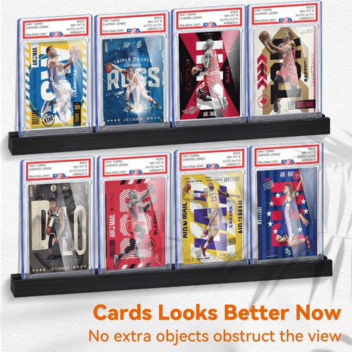 Famaster Sports Card Display Shelf for Wall, Holds 20 Trading Cards, 4PCS Wooden Card Holder for Baseball, Football, Basketball, and Graded Card Collection, Black