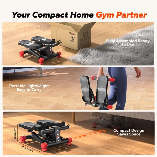 UTRYCO Stair Stepper for Home Workout, 330LBS Hydraulic Stepper with LCD Monitor & Resistance Bands, Compact Under Desk Stepper with Real-Time Calorie Tracking