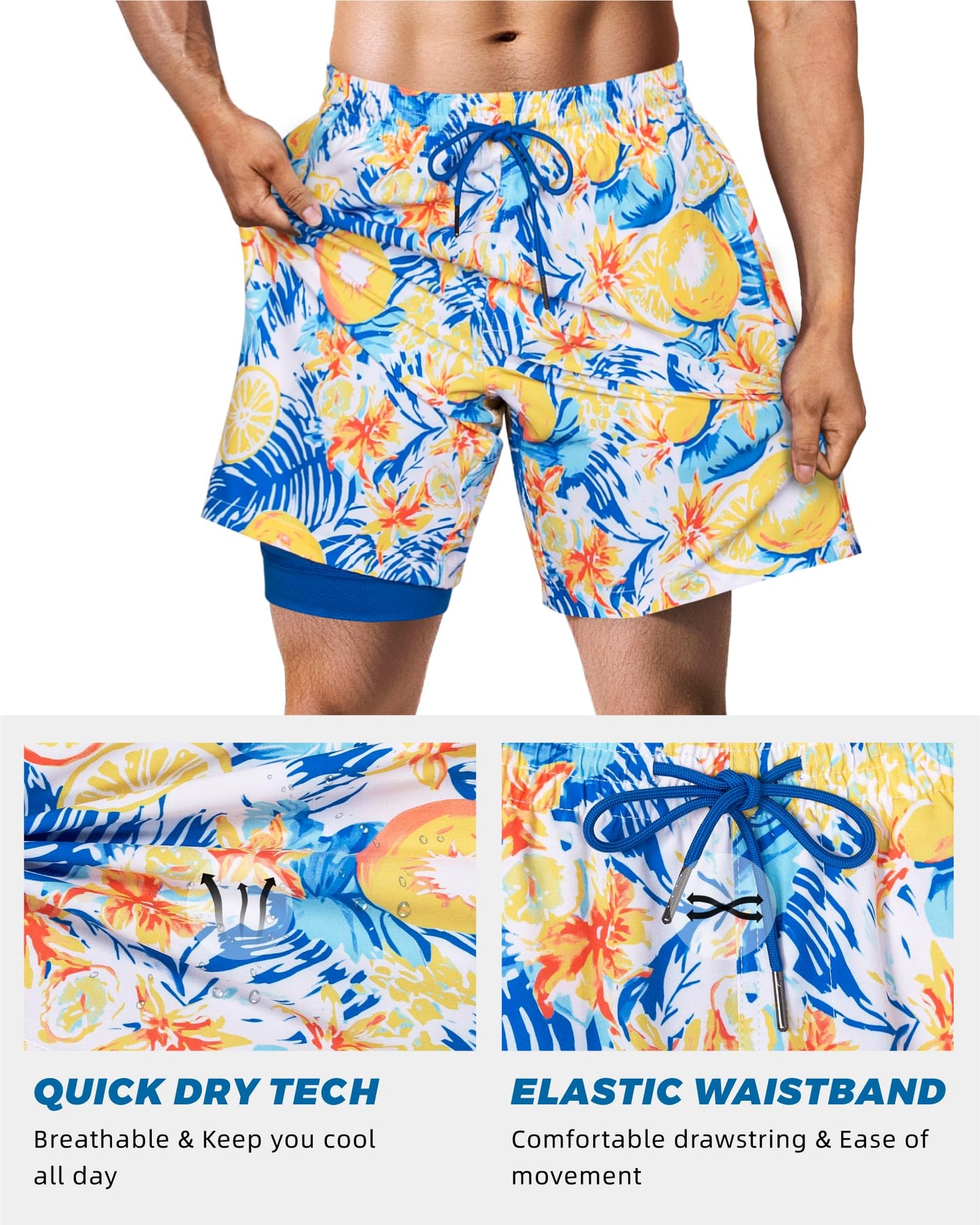 SURF CUZ Mens Swim Trunks with Compression Liner Quick Dry Swim Shorts 7" Swimming Trunks Stretch Zipper Pockets,Fresh Fruit,XXL