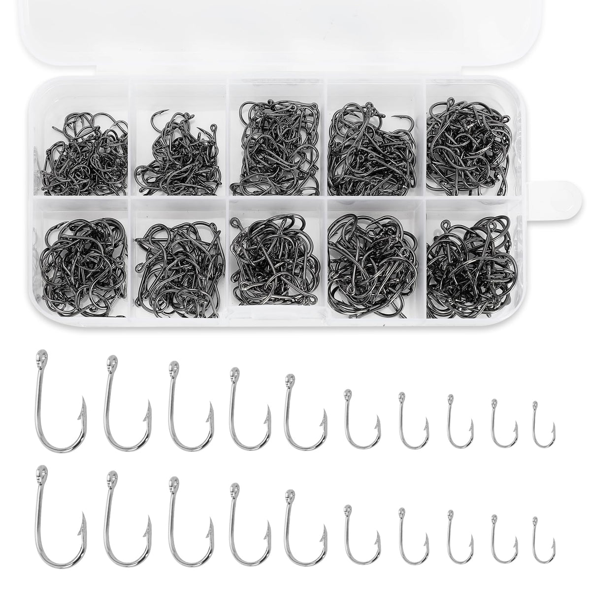 Worutuk 500 Pcs Carbon Steel Fishing Hooks Set with 10 Sizes, Universal Octopus Hooks for Saltwater Freshwater Ice Fishing