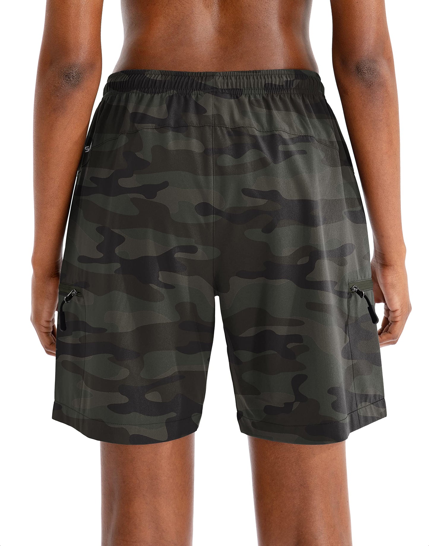 SANTINY Women's 5''/ 7''/9'' Hiking Cargo Shorts Quick Dry Lightweight Summer Shorts for Women Athletic Golf Zipper Pockets(Green Camo_L)
