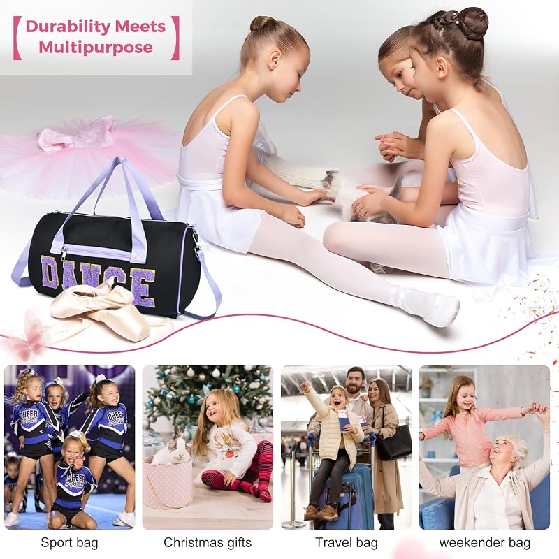 KUIRAN 23L Dance Duffle Bag for Girls with Colorful Chenille Lettering - Black/Gold, Medium