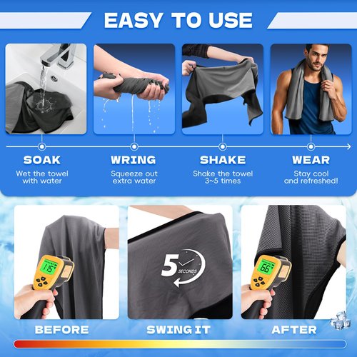 SOOWASH Cooling Towels for Neck & Face (6-Pack) Cooling Towel for Hot Weather Gym, Sports, Yoga Microfiber Reusable Cooling Towels Instant Cooling Rags with UPF 50+ 40"x12"(Gray+Yellow+Green)