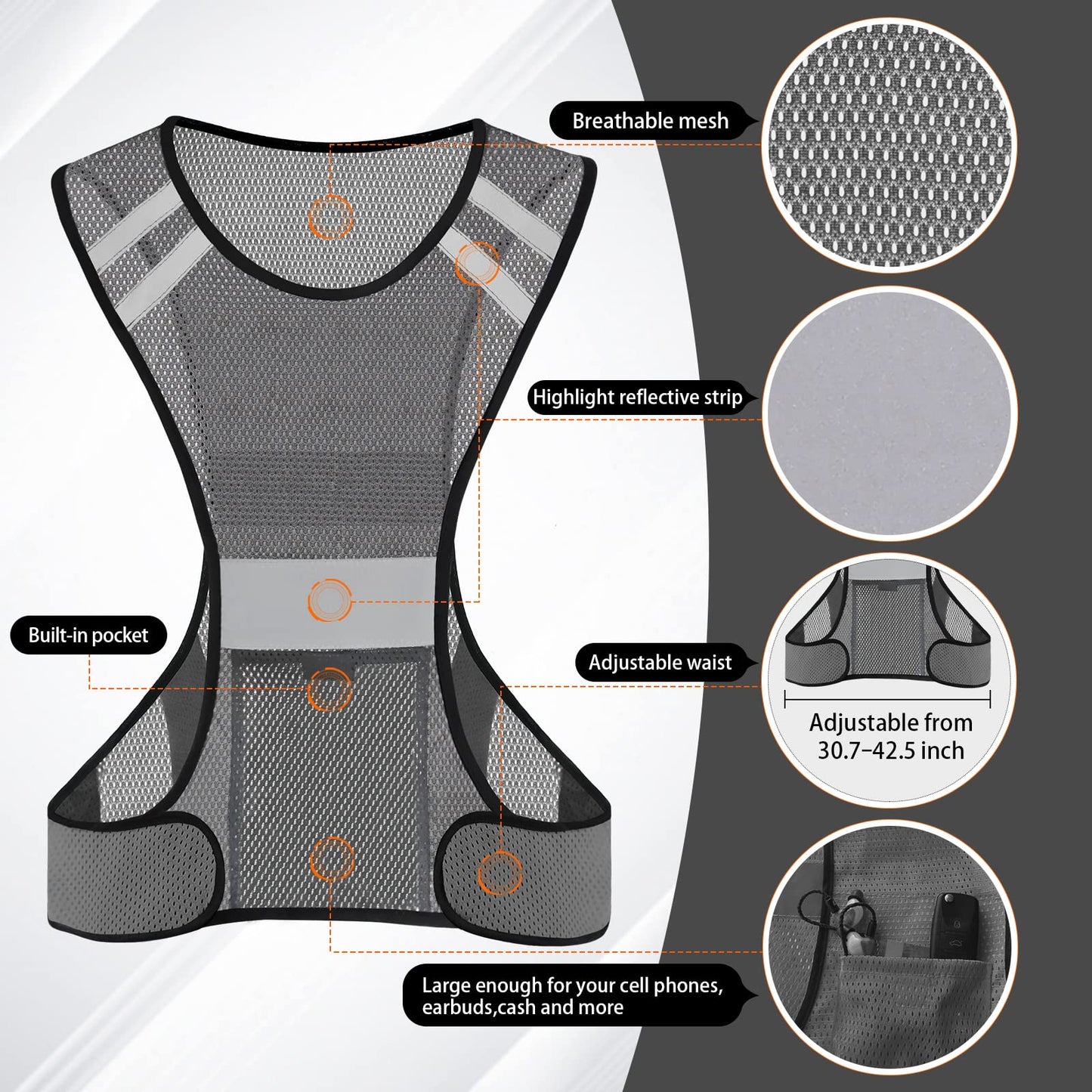 TCCFCCT Reflective Running Vest with Large Pocket, High Visibility Vest for Men Women, Lightweight Running Gear for Motorcycling, Cycling, Jogging, Night Walking, Climbing, Grey