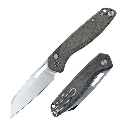 DEFCON Pocket Folding Knife- Button Lock with Thumb Hole Opener, 3" 14C28N Blade, Composite Handle, Utility Knife for Men Women Gift -TD020 WARHAWK- (Black Canvas Micarta)
