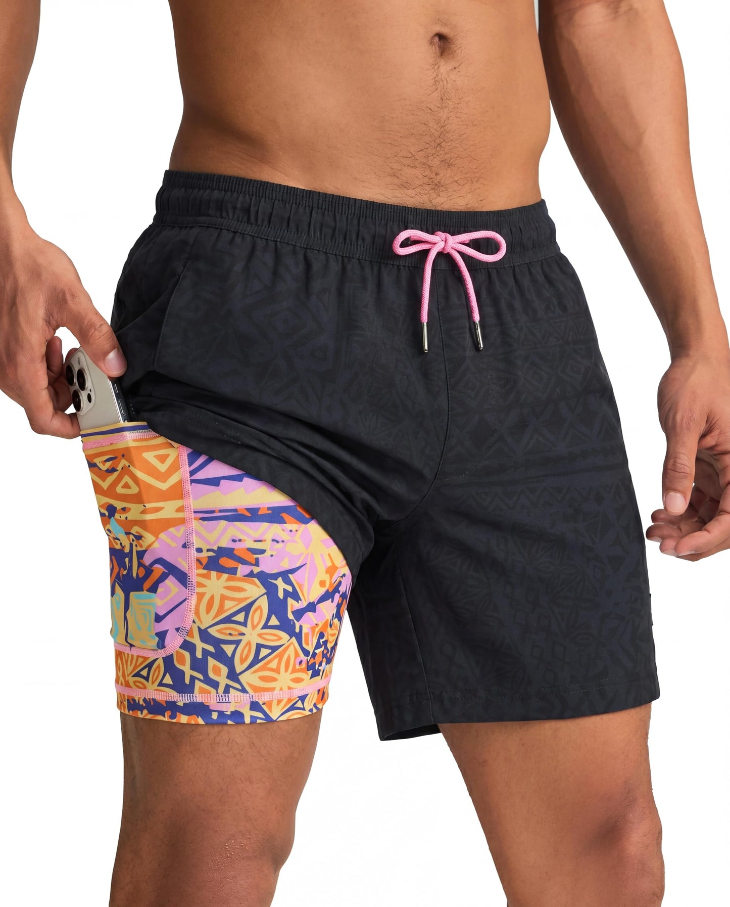 maamgic Mens Swim Trunks with Compression Liner 5 Inch, Quick Dry Bathing Suit with Zipper Pockets, Stretch No-Chafing Swim Shorts, Totem X-Large