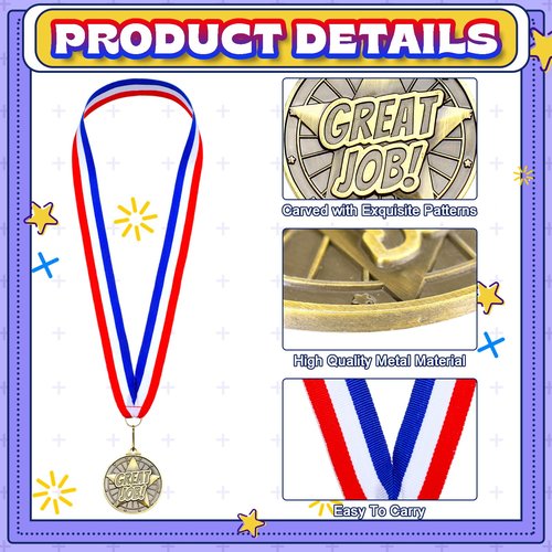 Quelay 100 Pcs Award Medals Bulk 2 Inch Gold Winner Medals with Neck Ribbons for Sports Tournaments Competitions Party Favors(Great Job)