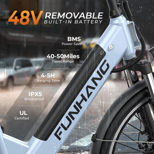 Funhang Electric Bike for Adults, 1000W Peak EBike, 50 Miles 21.7MPH Adult Electric Bicycles with 48V Built-in Removable Battery, Adjustable Stem, Rear Rack, 7 Speed, 26" Step-Thru E Bike for Commute