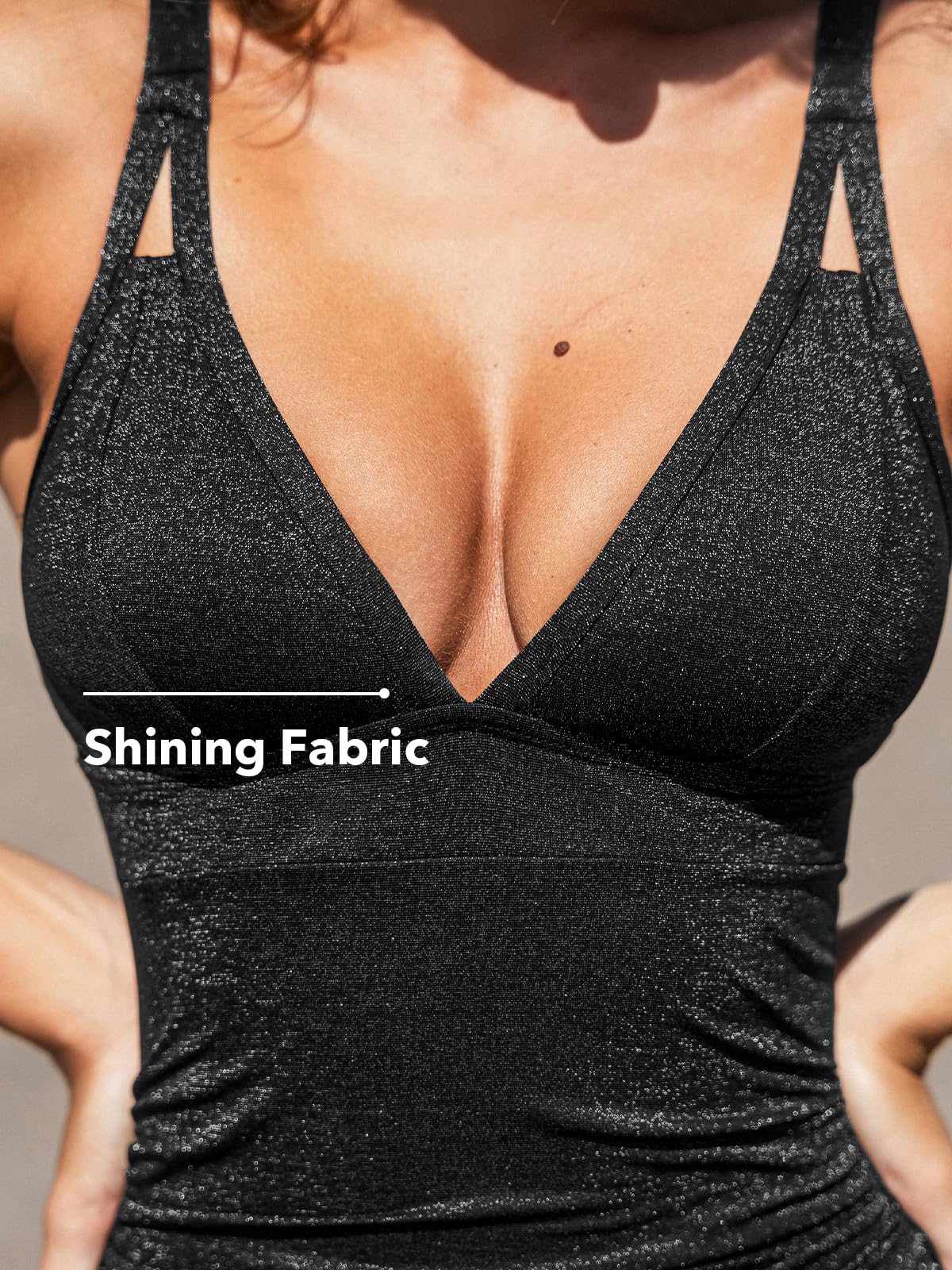 CUPSHE Women's Tummy Control One Piece Swimsuit V Neck Shimmer Bathing Suit, M Black