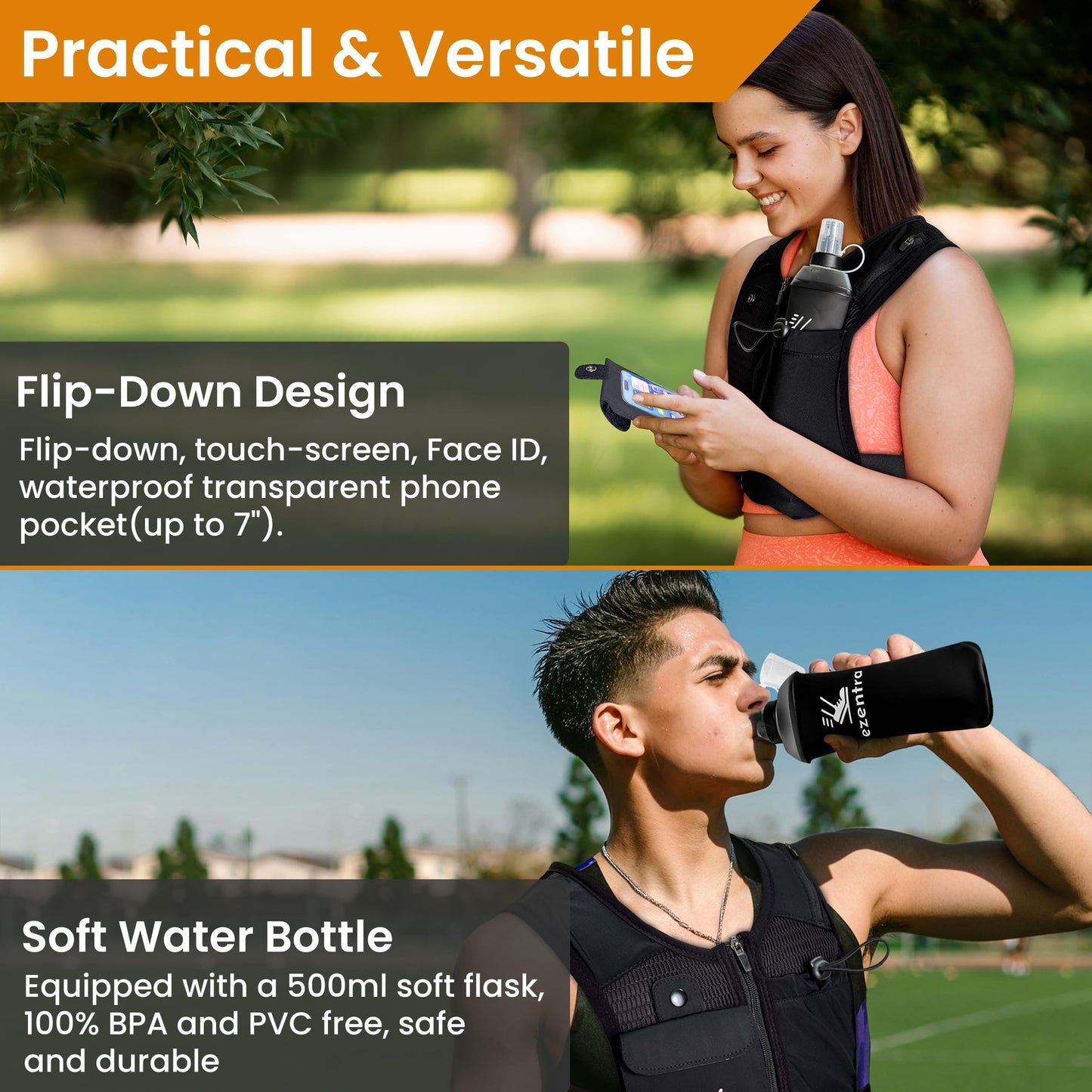 EZENTRA Running Vest Zip, Reflective Running Vests with 6 Pockets, 500ml Hydration Bottle, Adjustable Chest & Waistband, Breathable Material, Chest Pack Gear, Phone Holder, Men & Women,