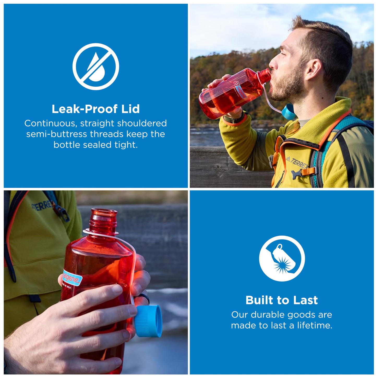 Nalgene 32 oz Narrow Mouth Water Bottle | BPA-Free, Durable & Leak Proof, Lghtweght for Hkng & Gym – Thrll & Moton, Flame w/Blue Atoll