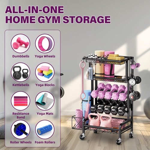 Dumbbell Rack, Weight Rack for Home Gym Storage Rack with Lockable Wheels & Hooks, Workout Equipment Storage for Yoga Mat Foam Roller Kettlebells Resistance Bands