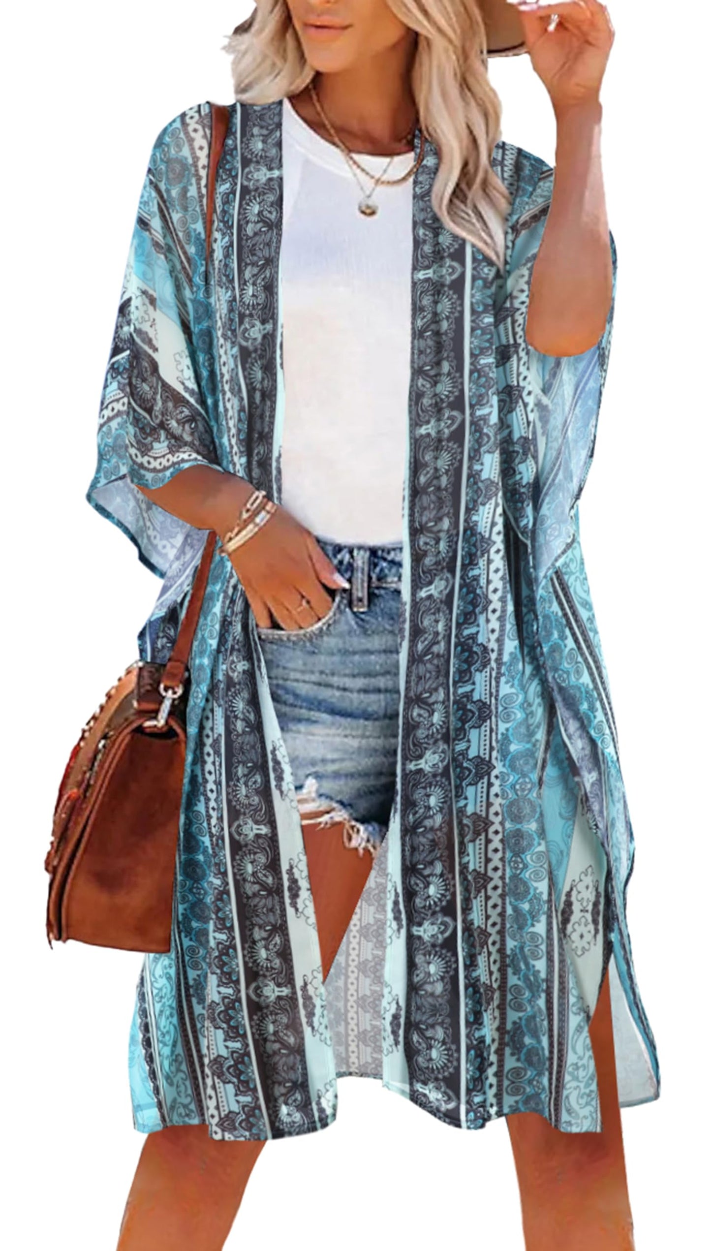 CHICGAL Kimonos for Women Oversized Beach Cover Up Summer Vacation Outfits Resort Cruise Wear (01-Blue Stripe Ethnic Print,M)