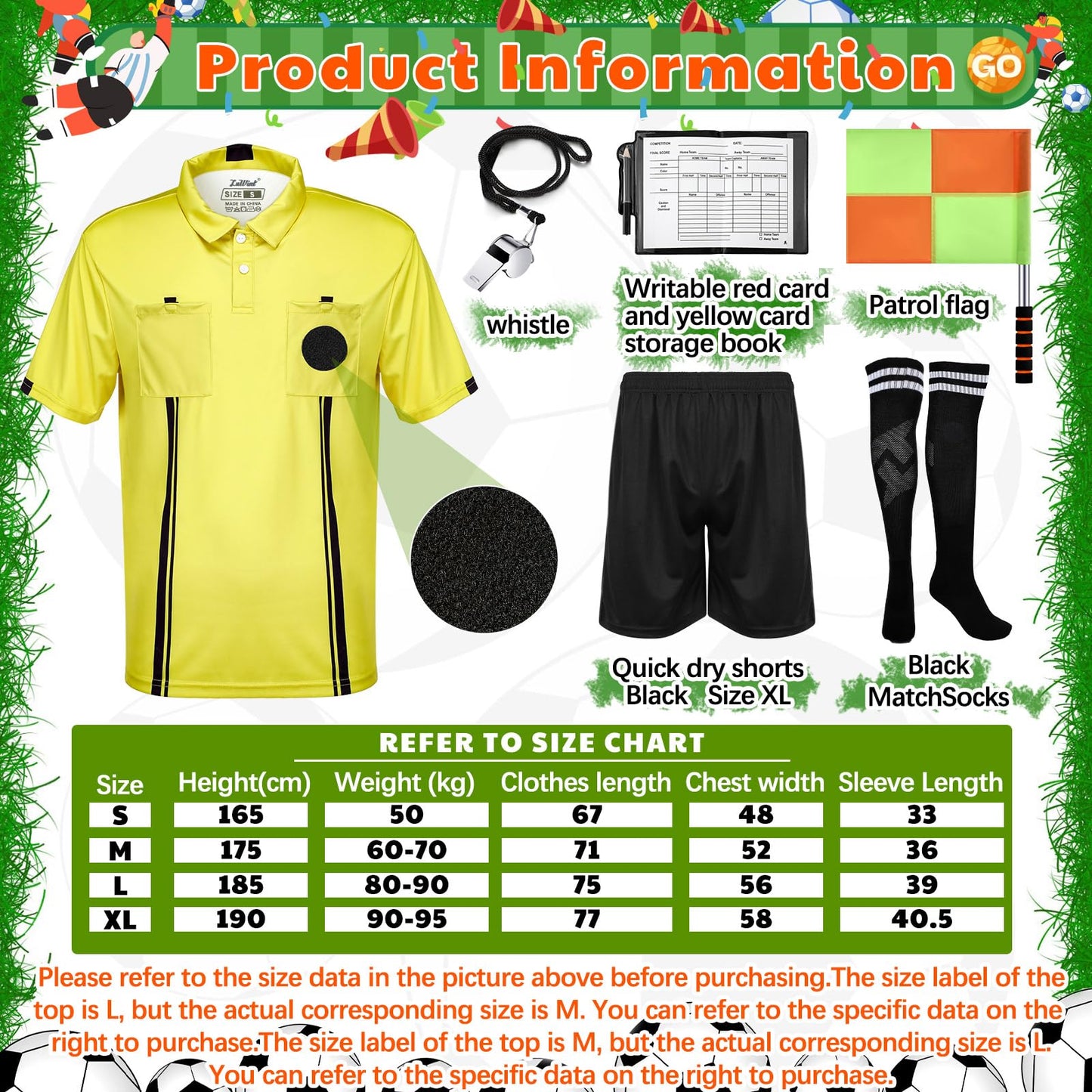 Hicarer 6 Pcs Soccer Referee Kit Football Package for Men Soccer Referee Costume Shirt Linesman Flags Whistle Cards Sport Accessory for Adult Teenager(Small)