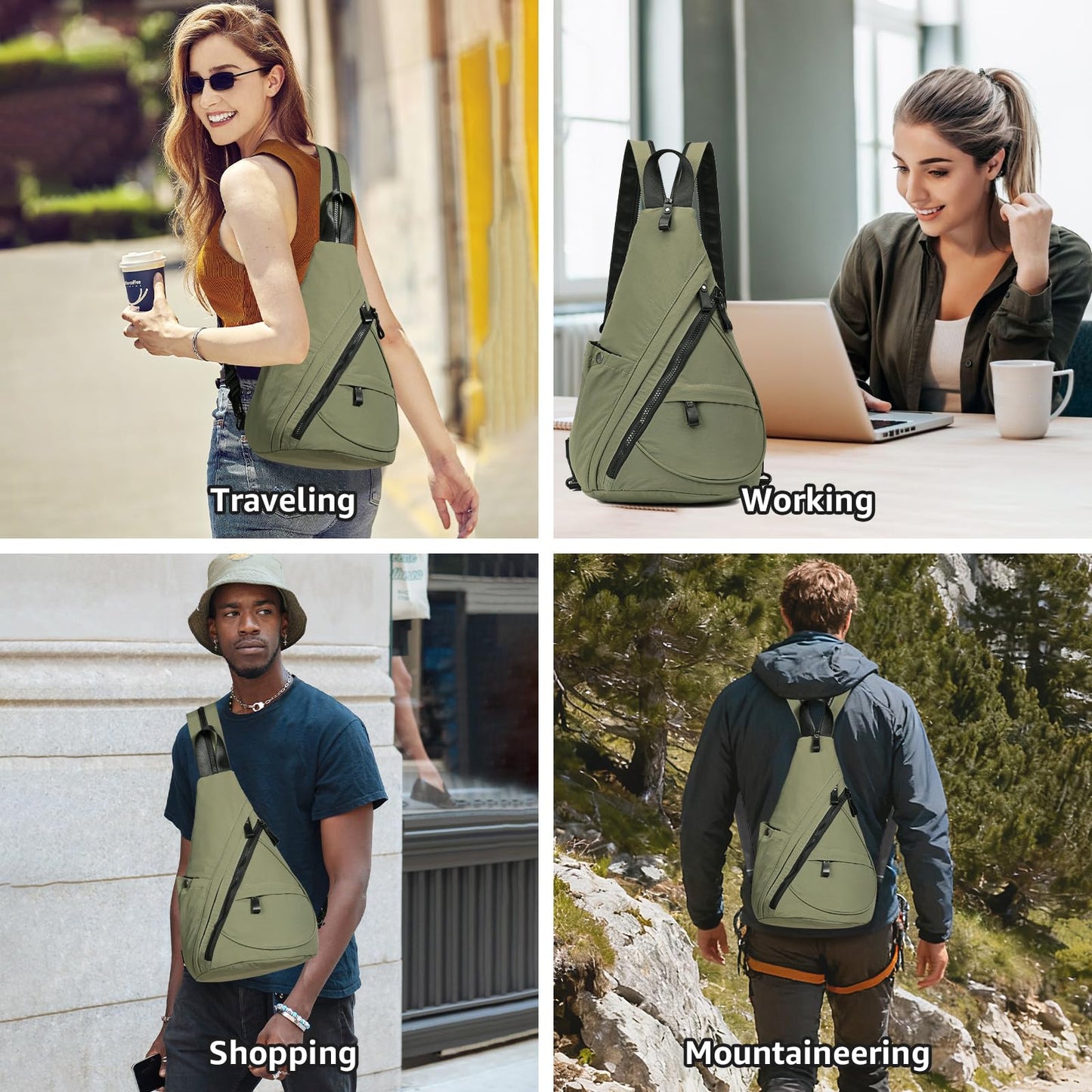 KL928 Crossbody Sling Backpack Nylon Cross Body Bag Travel Hiking Shoulder Bags Daypack Rucksack Unisex (Olive Green)