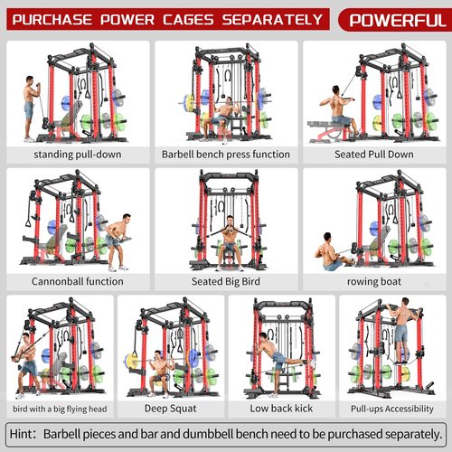 XGSW XINGESIWR Power Cages Multi-Purpose Squat Rack with Cable Crossover System, Matching Weight Bench, Olympic Barbell Weight Set for Garage and Home Gyms (Red, L02-Power Cage Only)