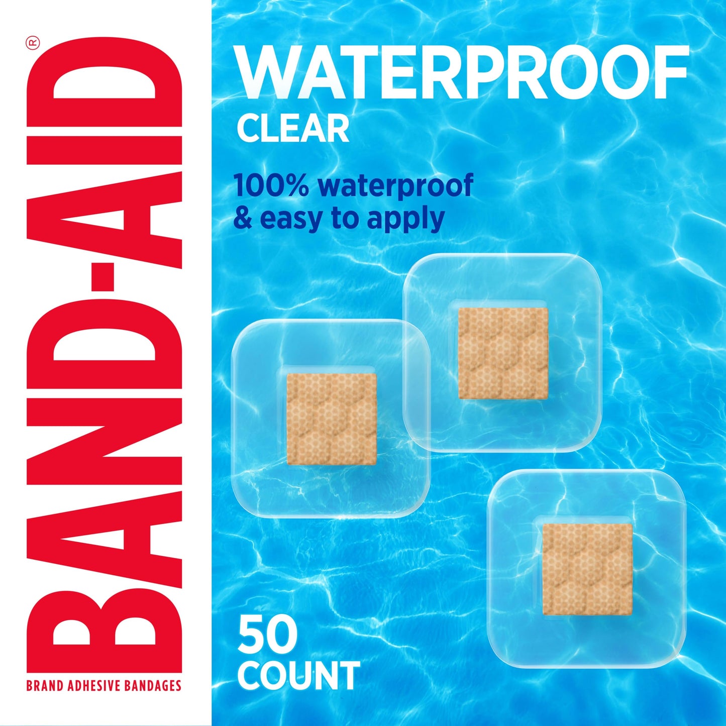BAND-AID Brand Clear Waterproof Spot Square Adhesive Bandages, Sterile Waterproof Protection & Wound Care for Minor Cuts & Scrapes, Small Spot Bandages, First Aid Kit Essential, All One Size, 50 Count
