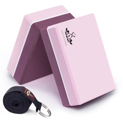 Heathyoga Yoga Blocks 2 Pack with Strap, High Density EVA Foam Yoga Block and Yoga Strap Set to Support and Improve Poses and Flexibility (Pink)