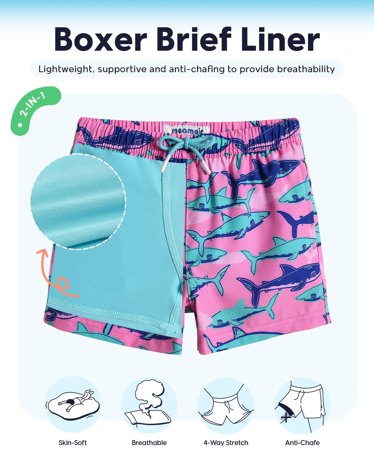 maamgic Boys Swim Trunks with Compression Liner Toddler Stretch Swim Shorts Quick Dry Swimming Trunks Boxer Brief 2 in 1 Beach Shorts Pink Blue Shark 7