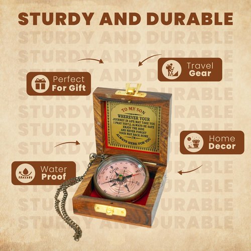 to My Son Engraved Compass – “Wherever Your Journey May Take You” – Christian Gift for Son – Graduation, Baptism, Birthday Keepsake – Antique Brass Compass with Wooden Box