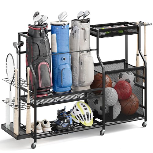 DWVO Sports Equipment Organizer, 3 Golf Bags Storage Stand with Wheels, Sport Gear Accessories Rack and Ball Organizer Bin for Garage