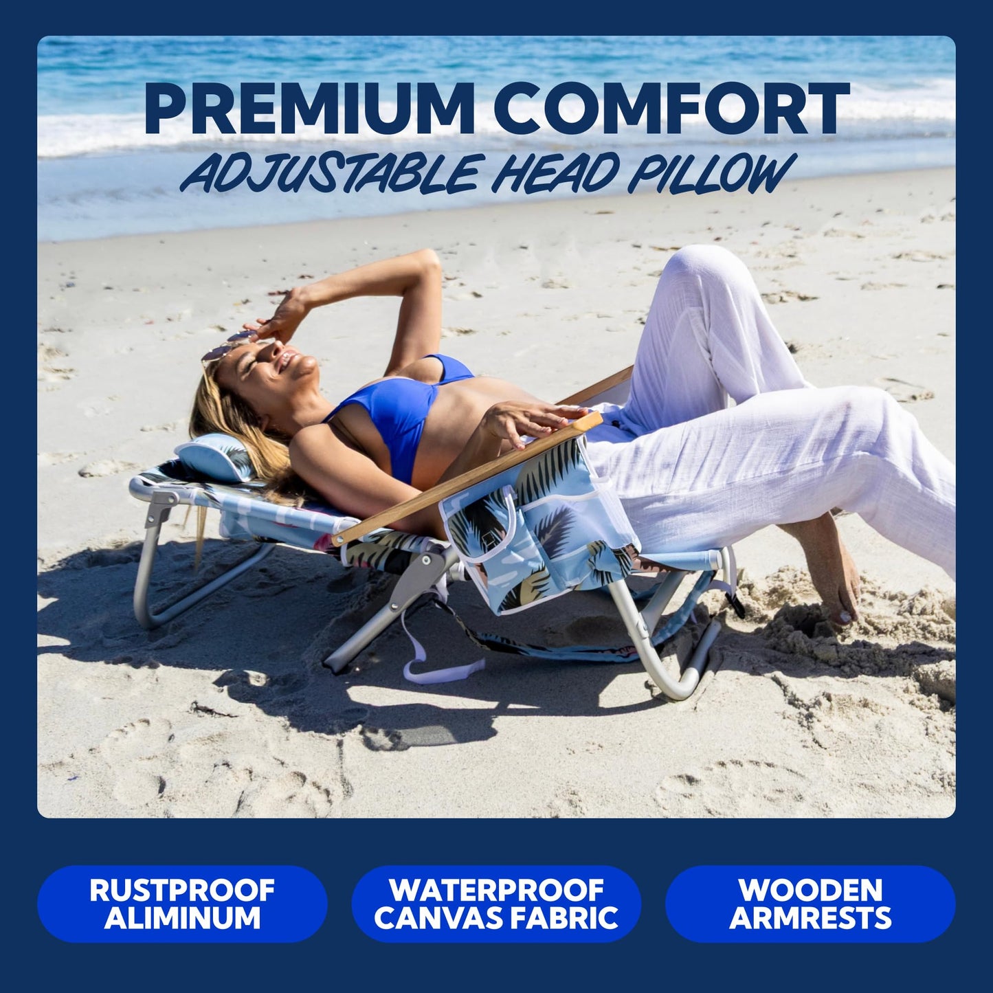 SUN NINJA Beach Chair – Folding Chair for Beach with 5 Reclining Positions, Cup & Phone Holder, Insulated Back Storage Pouch, Portable Lightweight Aluminum Frame - Navy Stripes 1pc