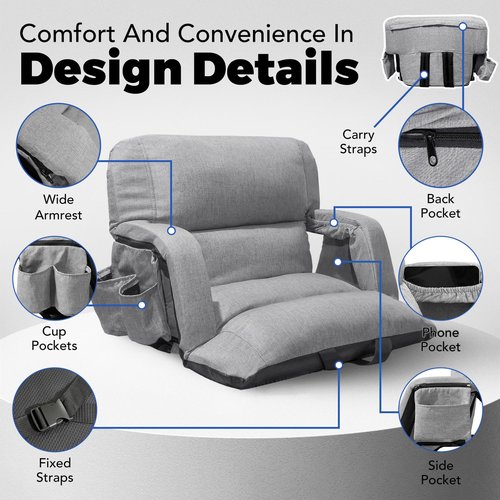Wide Stadium Seats With Back Support 2 Pack, Exclusive "Sofa Style" Design Extra Thick Bleacher Chairs With Back and Cushion, 6 Reclining Positions - Ultimate Comfort for Sports Events (Grey, 22.5")