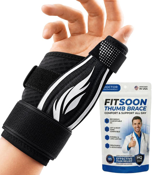 FITSOON Thumb Support Brace | Upgraded Thumb Spica Splint Stabilizer Pain Relief Night Support for De Quervain’ s Tenosynovitis Trigger Finger Arthritis Sprains | Breathable Fabric (Classic White/Black, S/M - Fit both hands)