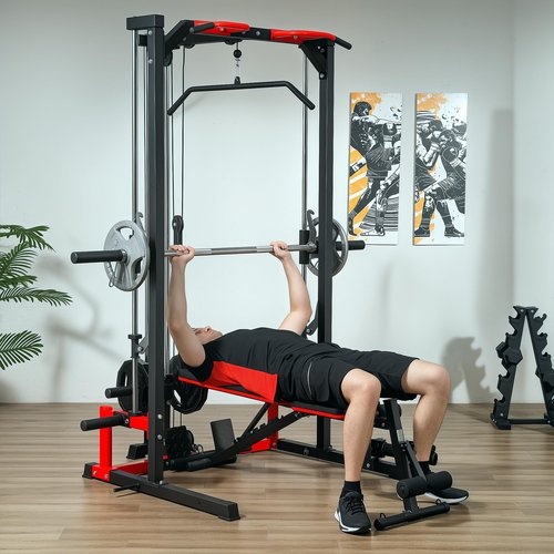 Soozier Power Cage Smith Machine, Multi-Function Power Rack with Pull Up Bar, LAT Pull Down System, Squat Rack, Barbell Bar, Landmine, Plate Storage Posts, for Home Gym