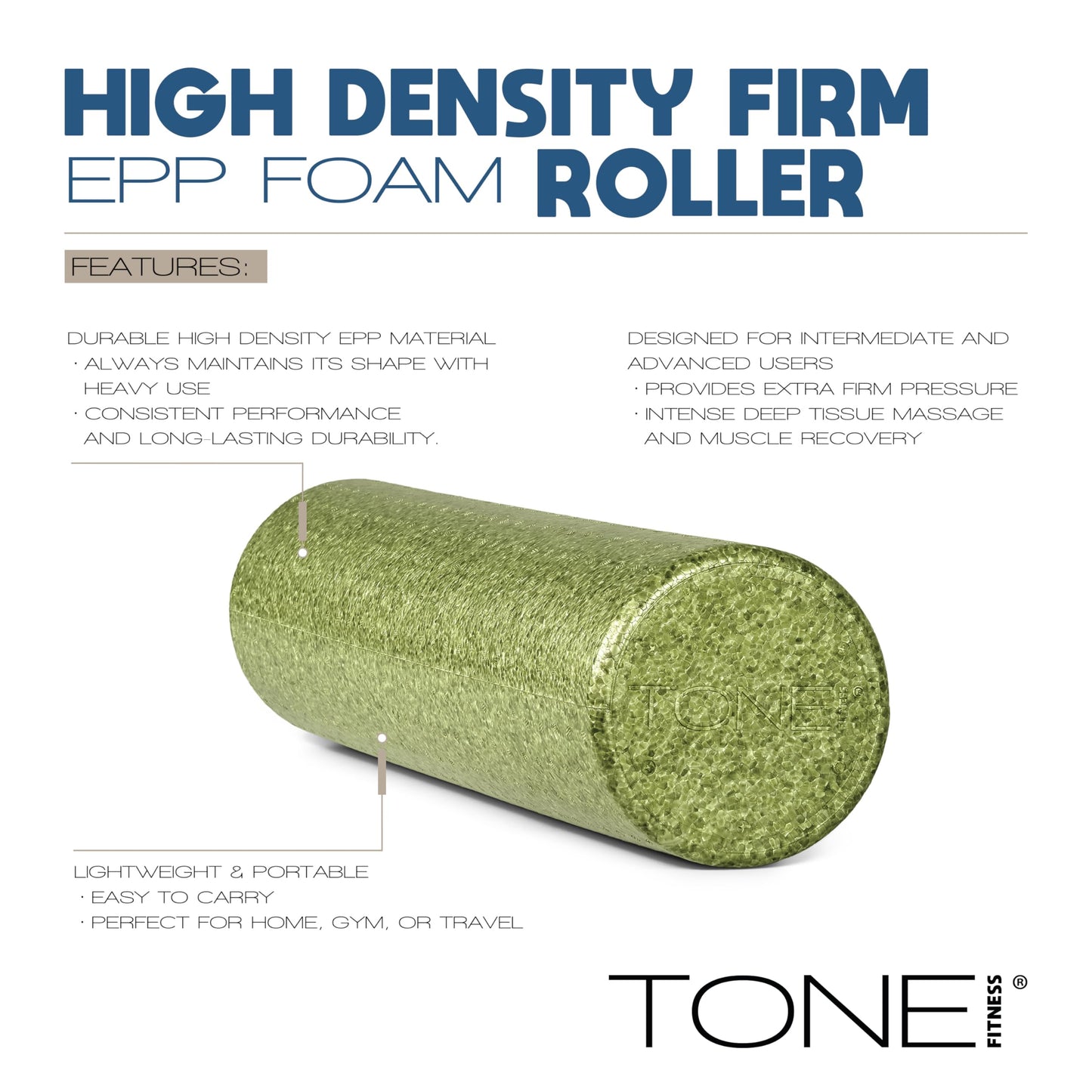 Tone Fitness High Density EPP Foam Exercise Foam Roller for Yoga, Pilates, Stretching, Massage, and Recovery 24 inch Black