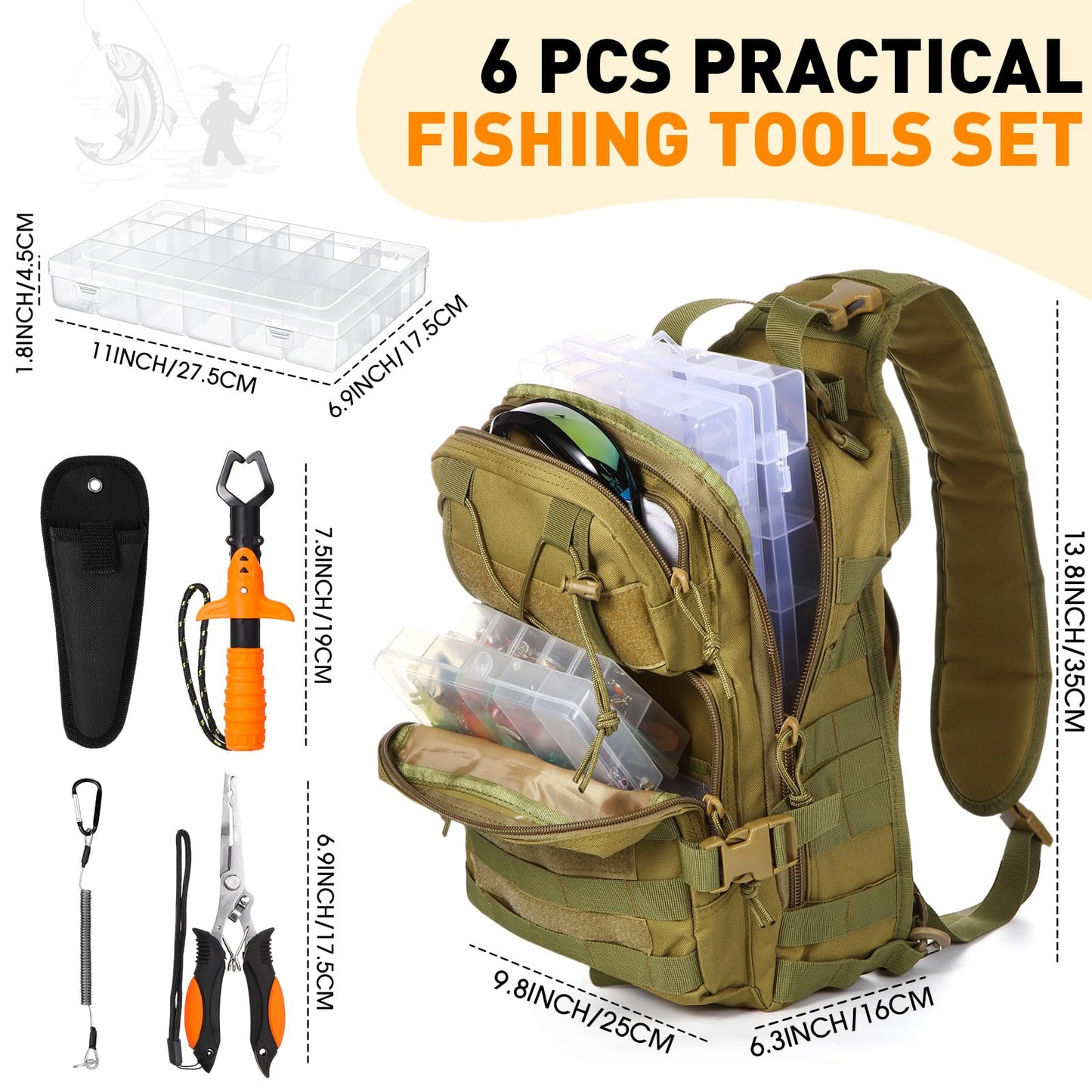 Eccliy 6 Pcs Fishing Tackle Bag Backpack with Rod Holders, Tackle Box, Fishing Pliers Kit and Fish Lip Gripper, Fish Gear and Equipment Fisherman Gift for Men Women(Khaki)