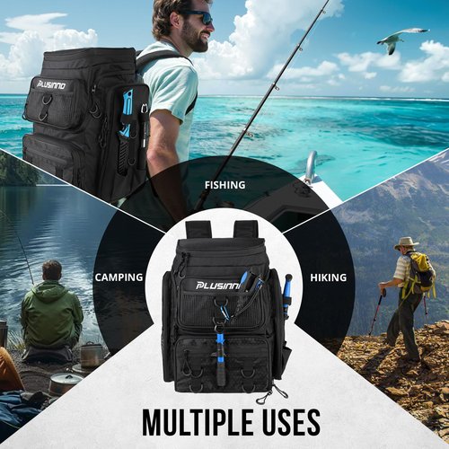PLUSINNO Fishing Backpack With Rod Holder, 42L Water-Resistant Fishing Gear Tackle Box Backpack, Fishing Tackle Bag For Men