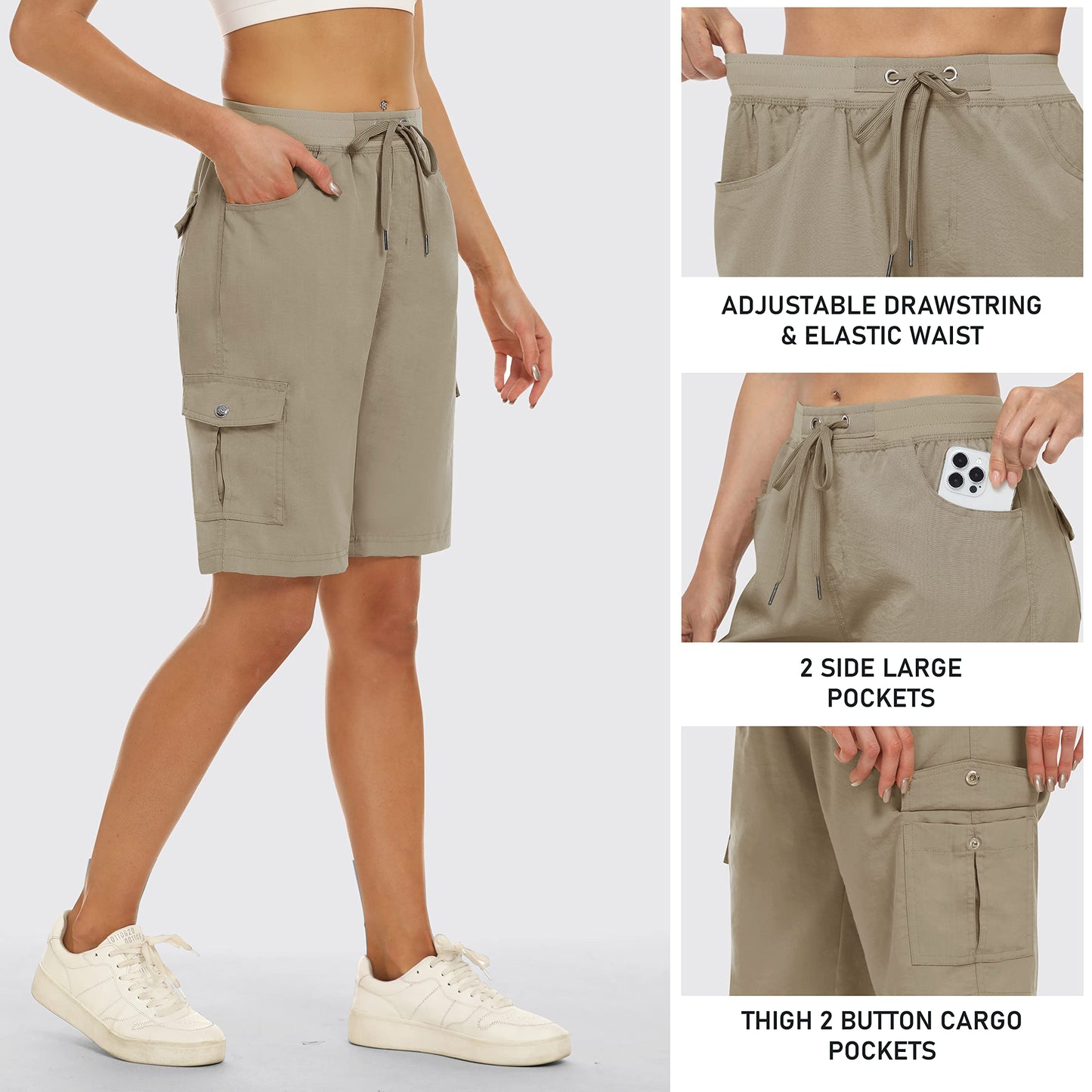 MoFiz Women's Hiking Long Shorts 10" Quick Dry Cargo Shorts for Women Lightweight Knee Length Athletic Shorts with Pockets Khaki M