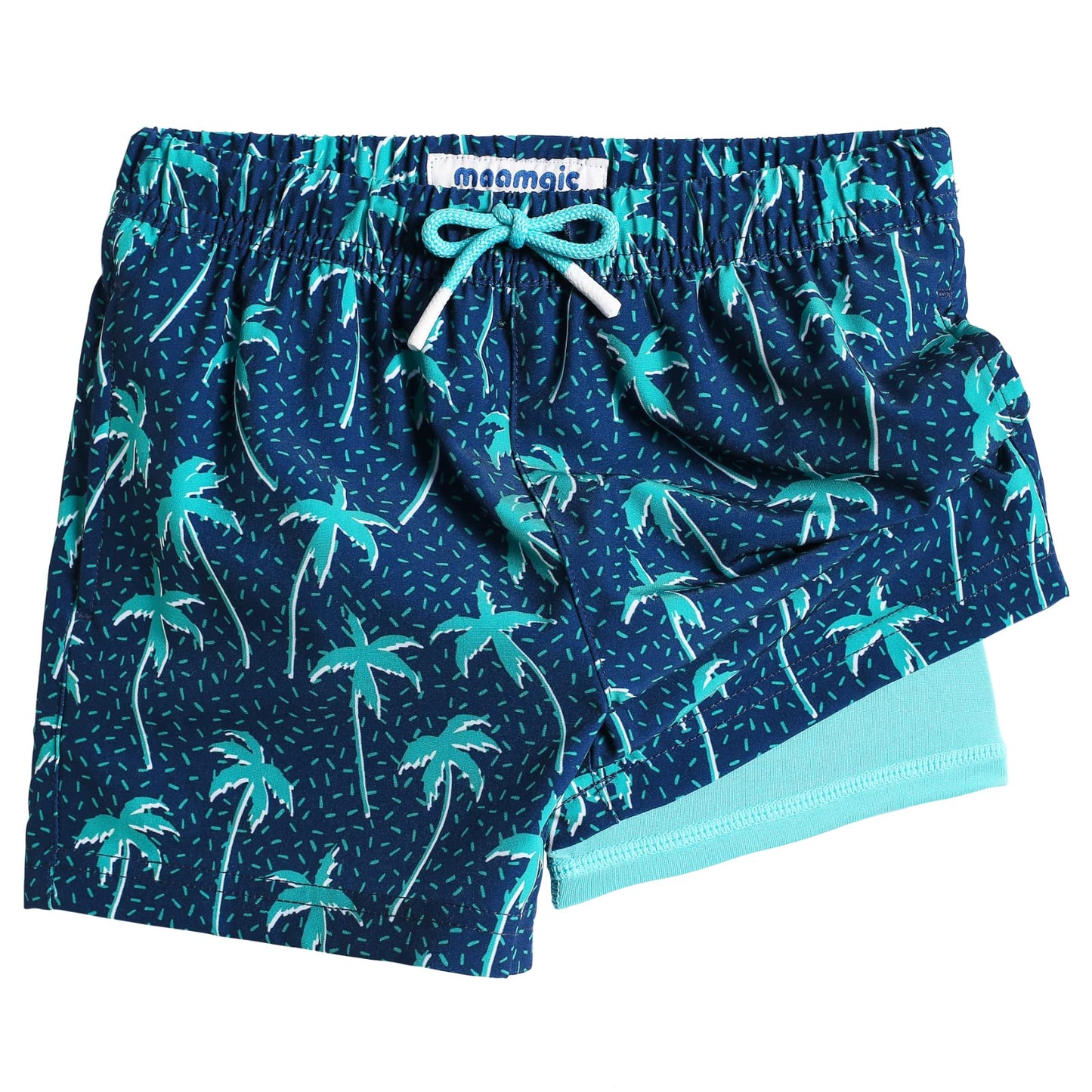 maamgic Boys Swim Trunks with Compression Liner Toddler Stretch Swim Shorts Quick Dry Swimming Trunks Boxer Brief 2 in 1 Beach Shorts Navy Blue Coconut 3T