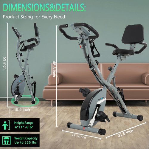 BARWING Stationary Exercise Bike for Home Workout, 5 IN 1 Foldable Indoor Cycling Bike for Seniors, 350LB Capacity, 16-Level Magnetic Resistance, Seat Backrest Adjustments