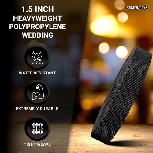 Strapworks Heavyweight Polypropylene Webbing - Heavy Duty Poly Strapping for Outdoor DIY Gear Repair, 1.5 Inch x 50 Yards, Black