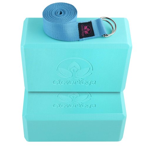 Clever Yoga Blocks 2 Pack with Strap - Extra Light Weight Sweat Repelling Foam Yoga Block Set with Cotton 8ft Yoga Stretch Strap - Yoga Block and Strap Set Kit for Beginner to Pro - Exercise