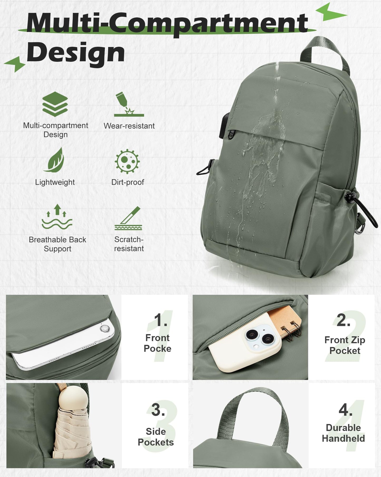 SEAFEW Green Sling Crossbody Backpack Shoulder Bag for Men Women - Small One Strap Sling Bag Fanny Pack Daypack, Waterproof Nylon Chest Bag for Motorcycle Hiking Travel Gym Sport