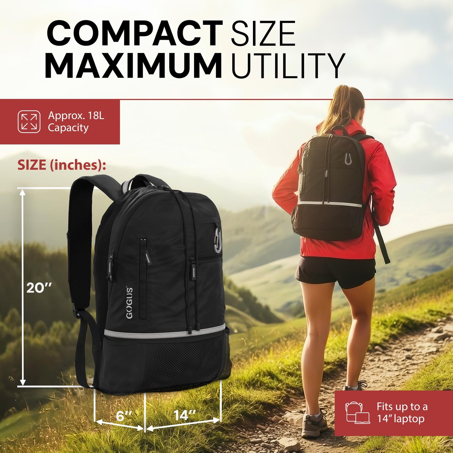 GOGUS Hybrid Gym Backpack for Men & Women with Closure - 18L Sports Backpack with Dual Water Bottle Pockets, Mesh Compartment for Gym, Travel - Water Resistant & Reflective Trim Workout Bag