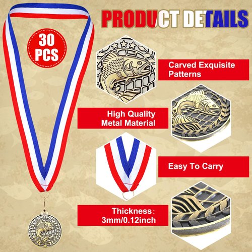 Remuuly 30 Pcs Award Medals Bulk 2'' Gold Trophy Award Winner Metal First Place with Neck Ribbons Award Prize Gift for Tournaments Match Sports Competition Teams Adult (Fishing)