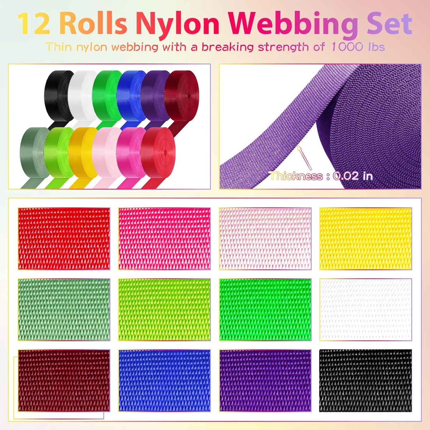 12 Rolls Nylon Webbing 1 Inch 1.5 Inch Heavy Duty Nylon Strap Webbing Strapping for Lawn Chair Backpack Straps Climbing Pet Collars Pet Leash DIY Craft Gear Repair
